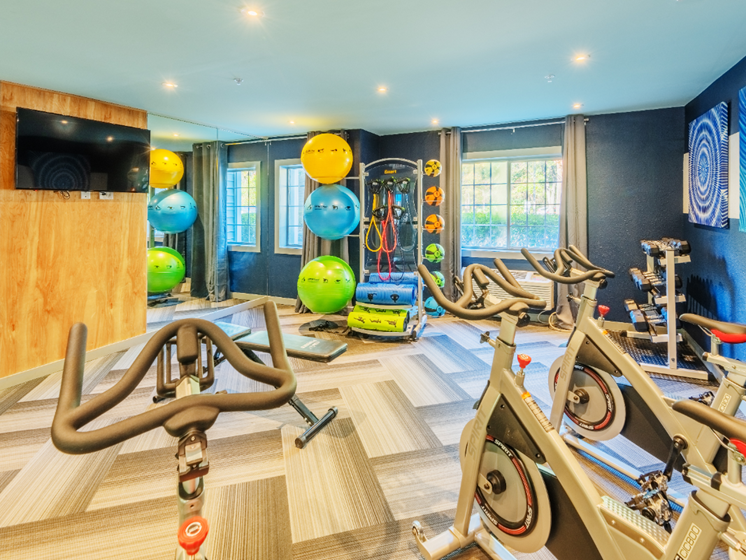 Bluffton apartment fitness center with weights and cardio equipment at NEXTLoft